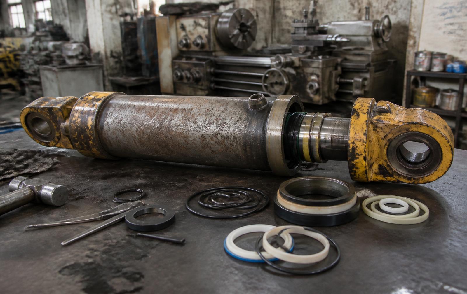Hydraulic cylinder being serviced at the Uni-Tech workshop
